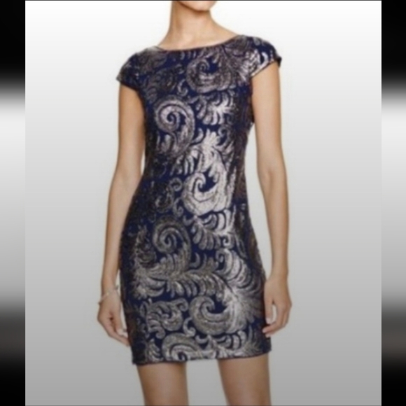 Adrianna Papell Sequin Chiffon Cocktail Formal Dress Blue Silver Size 8 - Picture 1 of 16